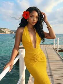 Slaydiva 2025 New Elegant Sexy Deep V-Neck Mermaid Dress, Suitable For Party Night Out, Birthday, Bar, Nightclub, Valentine's Day, Halloween, Christmas Yellow - Yellow - View 4