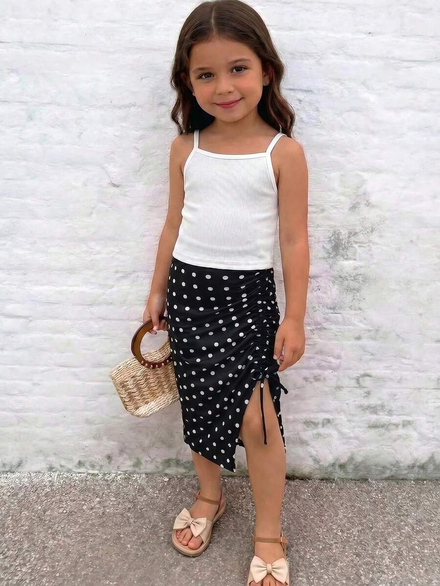 Emery Rose Kids Emery Rose Kids 少女白色螺紋吊帶背心與黑色波點裙套裝,適合外出與度假 - 黑與白 - 查看 1