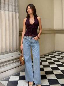 Firerie Romantic Date/Vacation Ruffle V-Neck Sleeveless Knit Tank Top, Solid Purple Color, Casual & Work Appropriate Y2K Style - Purple - View 6