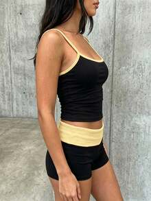 SHEIN EZwear 夏季對比飾邊細肩帶上衣與短褲套裝 - 黃色 - 查看 7