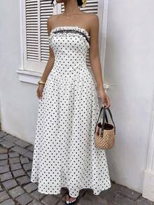 SHEIN PariChic Women's Woven White With Black Polka Dots Frill Trim Contrast Lace Elegant Tropical Vacation Summer Strapless Dress Vacation - Black and White - View 3