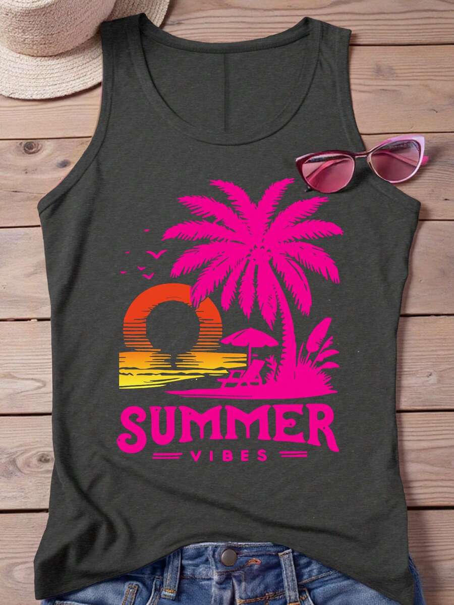 SHEIN LUNE Plus Size Printed Camisole Tank Top Casual - Dark Grey - View 1