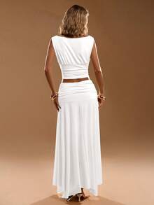 SHEIN BAE Women's Solid Color Casual Sleeveless Tank Top And Skirt Set - White - View 2