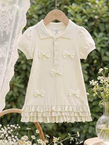 SHEIN Vintaside Kids 女嬰夏季領口短袖時尚簡約優雅蝴蝶結裝飾洋裝，適合夏季露營、野餐、幼兒園、學校或家庭聚會與派對 - 杏色 - 查看 4