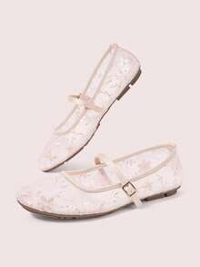 CUCCOO DOLLMOD Women's Shoes, Cute Round Toe Light Pink, Flower Sequin Embroidered Mesh Upper, Metal Buckle Strap Flats, Mary Jane - Osmanthus-pink - View 5