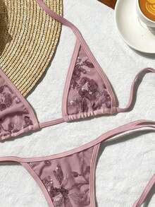 Swim Vcay 2pcs Spring/Summer Beach Vacation Textured Fabric Halter Triangle Bikini Top And Side Tie Thong Bottom Sexy Bikini Set - Pink - View 3
