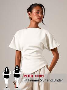SHEIN PETITE CURVE 大码女式夏季休闲通勤简约纯色蝙蝠袖褶裥修身T恤 - 白色 - 查看 2