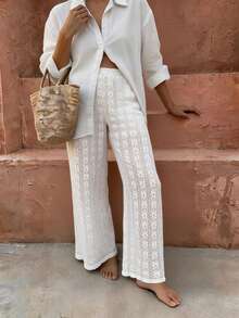 SHEIN Clasi Elegant Vacation Bohemian Textured Hollow Elastic Waist White Women's Long Pants - White - View 5