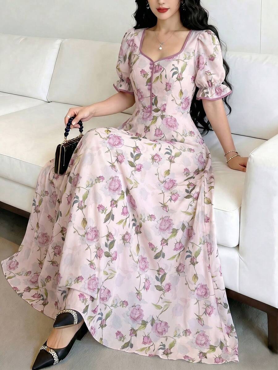 Modelyn 女款春夏季藍色水彩印花收腰A字版型布料鈕扣短袖優雅浪漫洋裝 - 粉色 - 查看 1