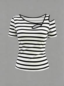 EMERY ROSE Blusa casual de mujer con bloques de color y rayas, de manga corta y hombro asimétrico, para verano - Blanco y Negro - Ver 3