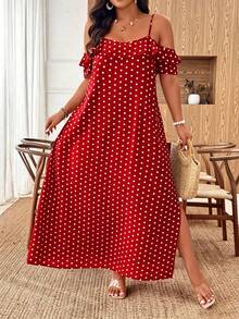 SHEIN Tall Plus Size Women's Summer Vacation Polka Dot Dress, Ruffle Collar, Suitable For Daily Outings/Romantic Long Dress/Vacation Travel - Multicolor - View 5