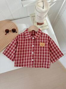 SHEIN LMoss Kids 少女編織格紋短版休閒襯衫 - 彩色 - 查看 3