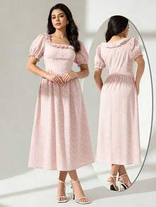 Modelyn Đầm midi nữ cổ vuông, eo bèo nhún, tay ngắn phồng, màu đỏ rượu vang họa tiết chấm bi - Màu Hồng baby - Xem 4