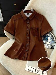 Omancia Women's Summer Casual Commuting Short Sleeve Patchwork Pocket Shirt - Rust Brown - View 3