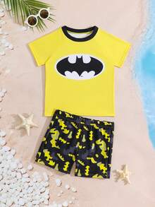 BATMAN X SHEIN GraphicGems 男童蝙蝠印花泳衣套装，适合海滩、度假、派对、游泳池等场合 - 彩色 - 查看 3