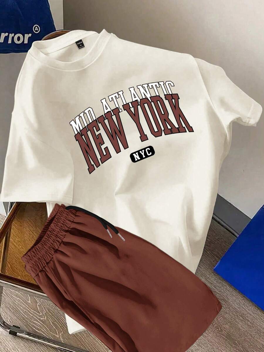 Manfinity Joysei Men's Crew Neck Letter Print Casual Top And Solid Color Shorts - Brown - View 1