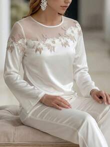 Editum Blusa de estilo francés con cuello redondo, bordada y transparente para mujer - Blanco - Ver 4