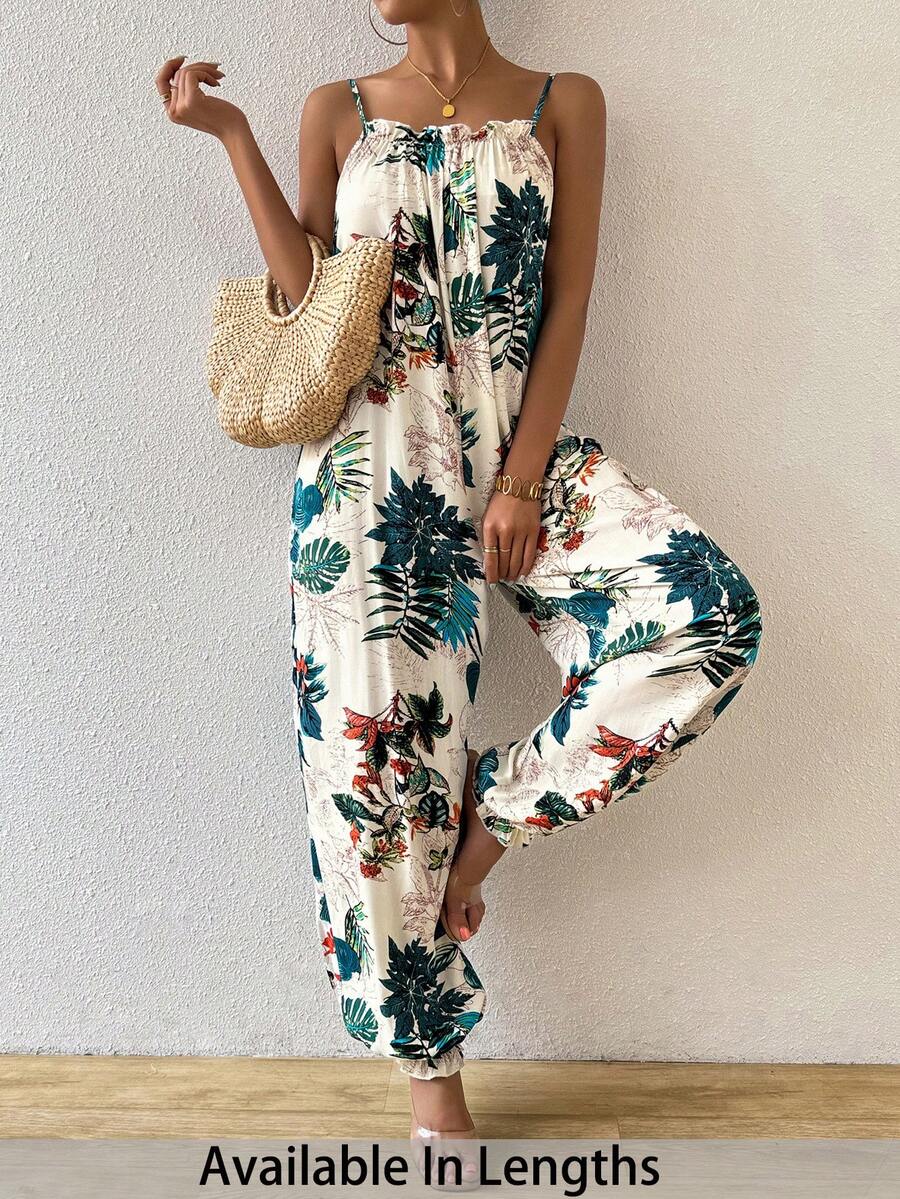 SHEIN PETITE CURVE 大码女式植物印花休闲度假连体裤