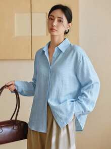 Dazy-Less Camisa casual de un solo pecho de unicolor, versátil, adecuada para primavera y verano para mujeres - Azul - Ver 5