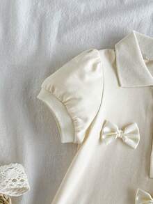 SHEIN Vintaside Kids 女嬰夏季領口短袖時尚簡約優雅蝴蝶結裝飾洋裝，適合夏季露營、野餐、幼兒園、學校或家庭聚會與派對 - 杏色 - 查看 10