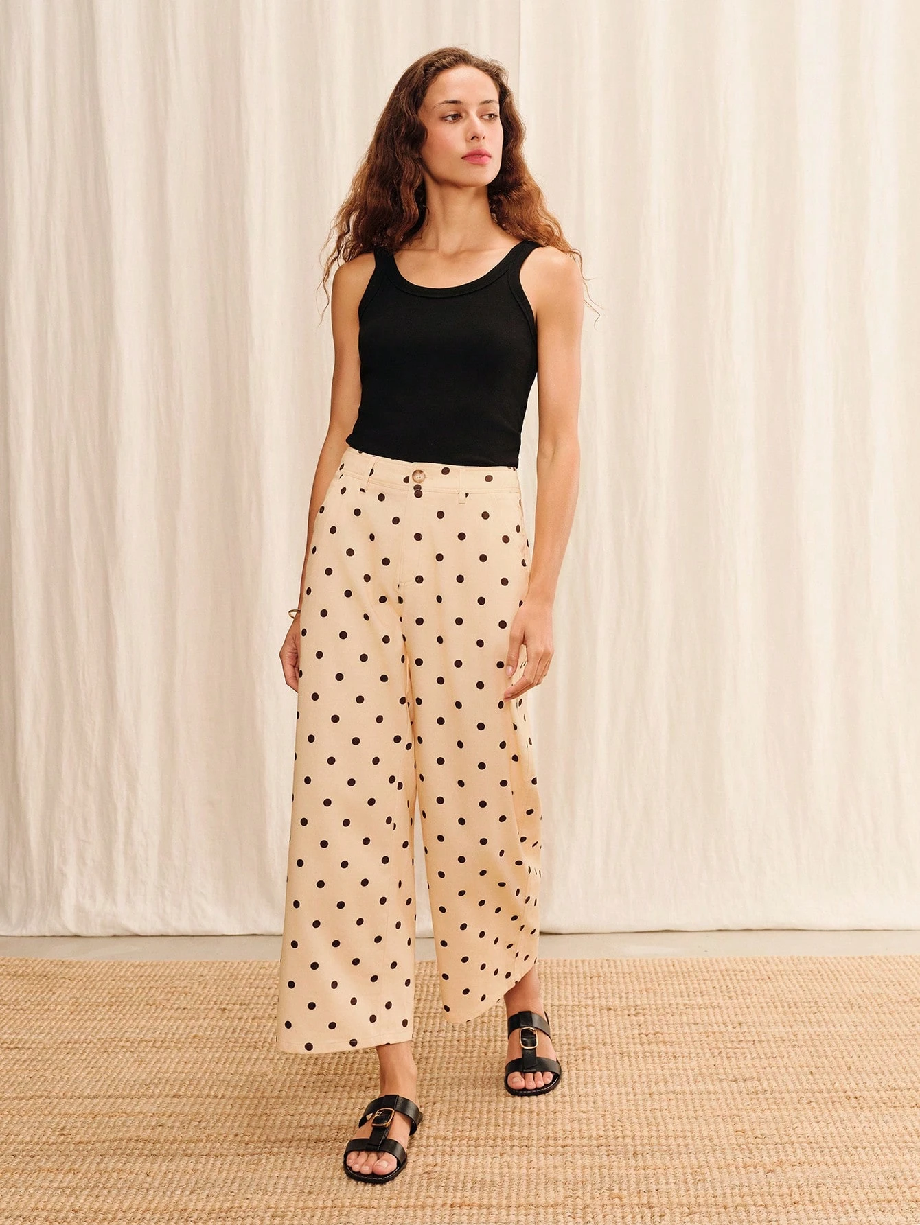 Cream Polka Dot Ankle Lenghth Wide-Leg Pants Summer Cute Pants Holiday Work French Style