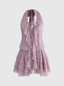 Sweetness Flowy Layered Seaweed Print Vacation Front Tie Boho Chiffon Mini Dress For Women - Purple - View 1