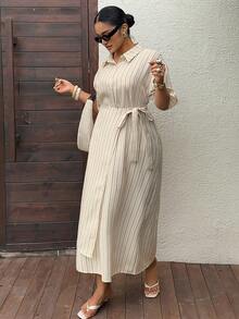 Dazy Plus Plus Size Loose Striped Patchwork Cinched Waist Drawstring Cinched Design Short Sleeve Shirt Dress Casual Women Spring Summer Mid-Length Dress - Apricot - View 1