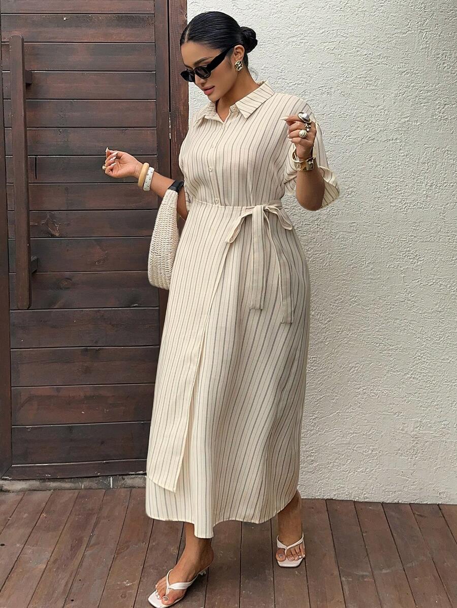 Dazy Plus Plus Size Loose Striped Patchwork Cinched Waist Drawstring Cinched Design Short Sleeve Shirt Dress Casual Women Spring Summer Mid-Length Dress - Apricot - View 1