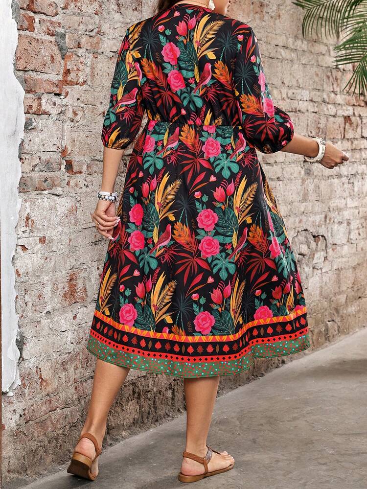 Plus Size V-Neck Raglan Sleeve Midi Dress With Tummy Control