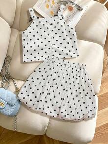 Elladie kids 2pcs Young Girls Summer New Ins Style Black And White Polka Dot Back Open Bowknot Square Neck Sleeveless Tank Top And Multi-Bowknot Design Puff Skirt Set, Suitable For Daily Outings, Banquets, Parties, Celebrations, Vacations, Back To School, Spring And Summer - White - View 3