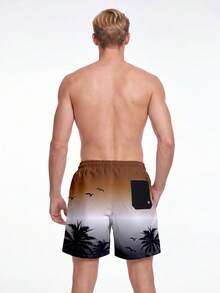 Manfinity KASUA Men's Ombre Graphic Print Slant Pocket Drawstring Waist Beach Shorts - Coffee Brown - View 2