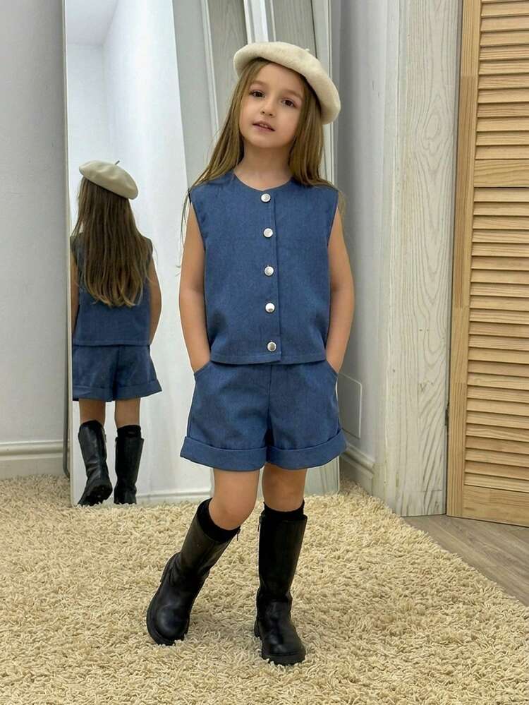 Young Girls Denim Vest Shorts Fashion Korean Style 2pcs Shirt Set
