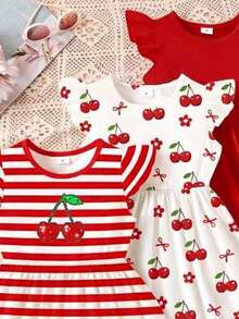 SHEIN Elladie kids 3件組甜美可愛櫻桃裝飾條紋洋裝，櫻桃與蝴蝶結印花搭配純色荷葉袖休閒洋裝，適合夏季 - 彩色 - 查看 3