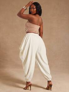 Radiana Plus Size Women's Solid Color Drawstring Waist Casual Harem Pants - Apricot - View 2