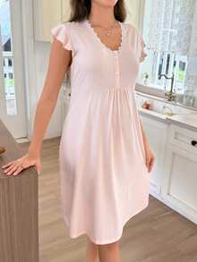 Moonlight&Mama Đầm bầu cotton thoải mái dáng dài vừa, cổ chữ V, cài nút, tay bèo, họa tiết hoa - Hồng - Xem 5