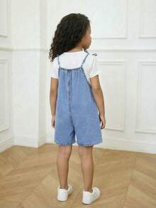 Romper Longgar Denim Biru dengan Pita untuk Anak Perempuan - Light Wash - View 2