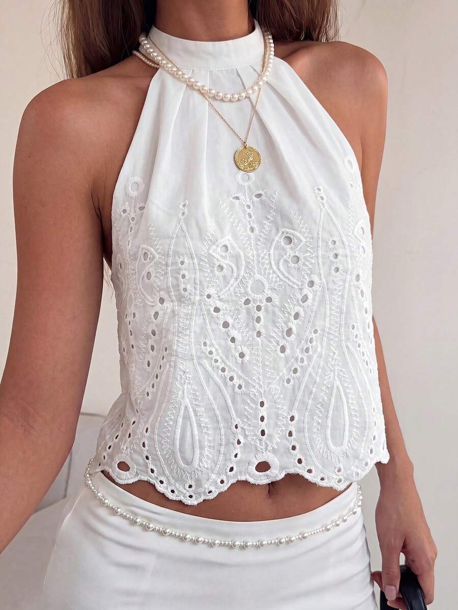 Firerie Summer Vacation Solid Eyelet Embroidery Halter Neck White Casual Blouse Going Out, Euro Summer - White - View 1