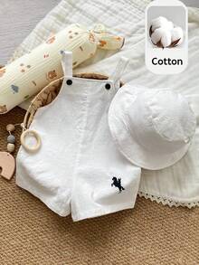 PrepCrw 2pcs Unisex Newborn Baby Boy/Girl Casual Versatile White Romper With Bib Overalls And Sun Hat Set, Suitable For Spring/Summer Daily Outings - White - View 7