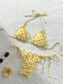 Swim Mod Women's Random Print Halter Floral Trim Bikini Set, Spring/Summer - Multicolor - View 2