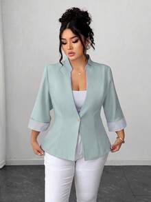 Elenzga Plus Size V-Neck Open Front Elegant Commuter Color Block Striped Cuff 3/4 Sleeve 2 In 1 Versatile Blazer Fall - Mint Green - View 4