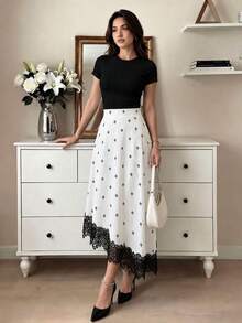 Modelyn 女款優雅法式中長裙，高腰蕾絲飾邊飄逸A字裙，不對稱下擺菱形印花，白黑配色，適合辦公室、早午餐、茶會、秋季 - 白色 - 查看 1
