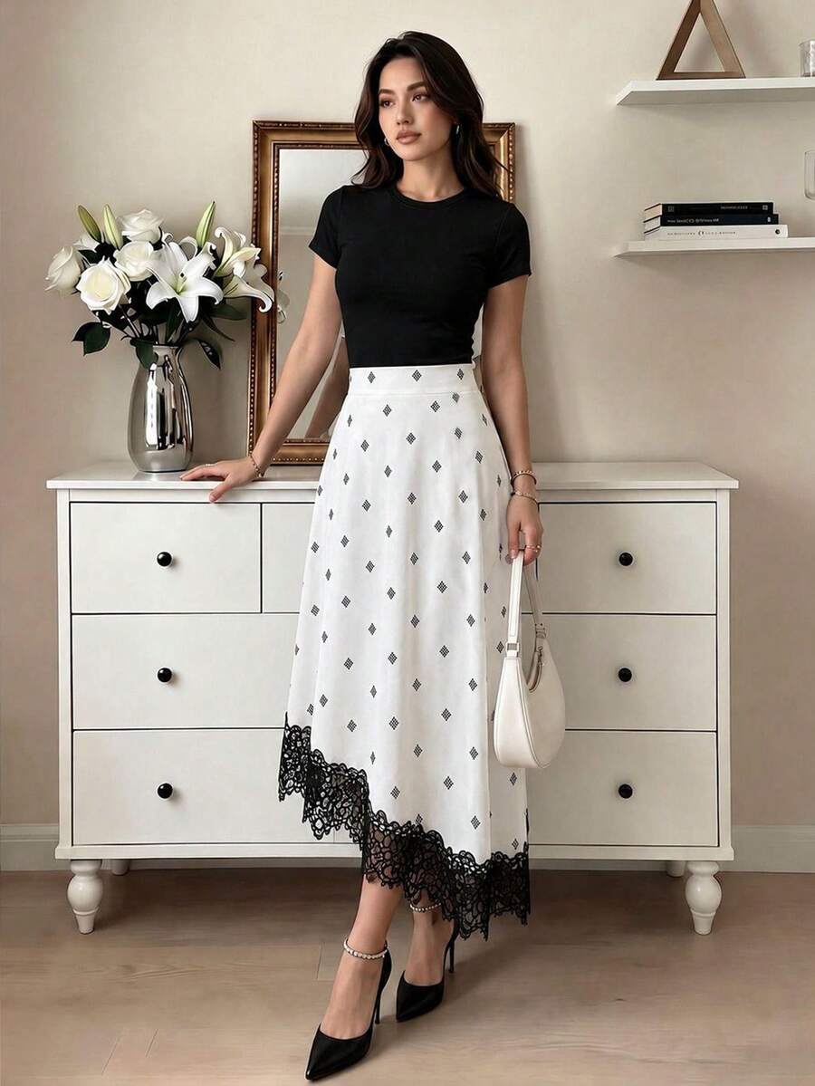 Modelyn 女款優雅法式中長裙,高腰蕾絲飾邊飄逸A字裙,不對稱下擺菱形印花,白黑配色,適合辦公室、早午餐、茶會、秋季 - 白色 - 查看 1