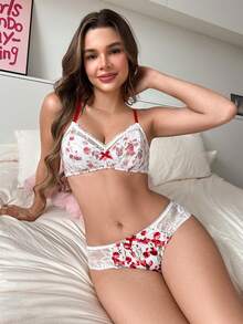 PetitDoll 女款蕾絲拼接印花有鋼圈薄罩杯舒適內衣套裝 2件組 - 彩色 - 查看 3