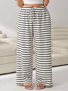 Solflare Pantalones casuales con cordón a rayas blancas y negras, versátiles para otoño/invierno, talla grande - Multicolor - Ver 8