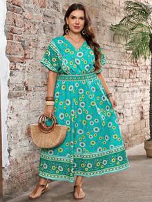 EMERY ROSE Plus Size Summer Vacation Floral Print Waist-Defining V-Neck Dress Beach Green Casual - Green - View 3
