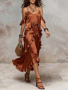 Solivie Vestido casual de férias feminino de cor lisa com bainha com folhos - Castanho - Ver 3