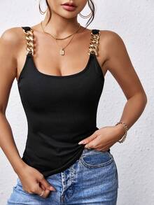 NostaNoir Ladies' Plain Chain Shoulder Strap Camisole Top - Black - View 5