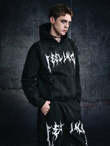 Vyqestra Manfinity Streetrush 男士街头风流行INS同款做旧褪色黑色保暖连帽衫和裤子套装，男士两件套，哥特风，潮服，2000年代风格，秋冬装，户外音乐节夜店男友/老公礼物，周年纪念礼物 - 黑色 - 查看 1