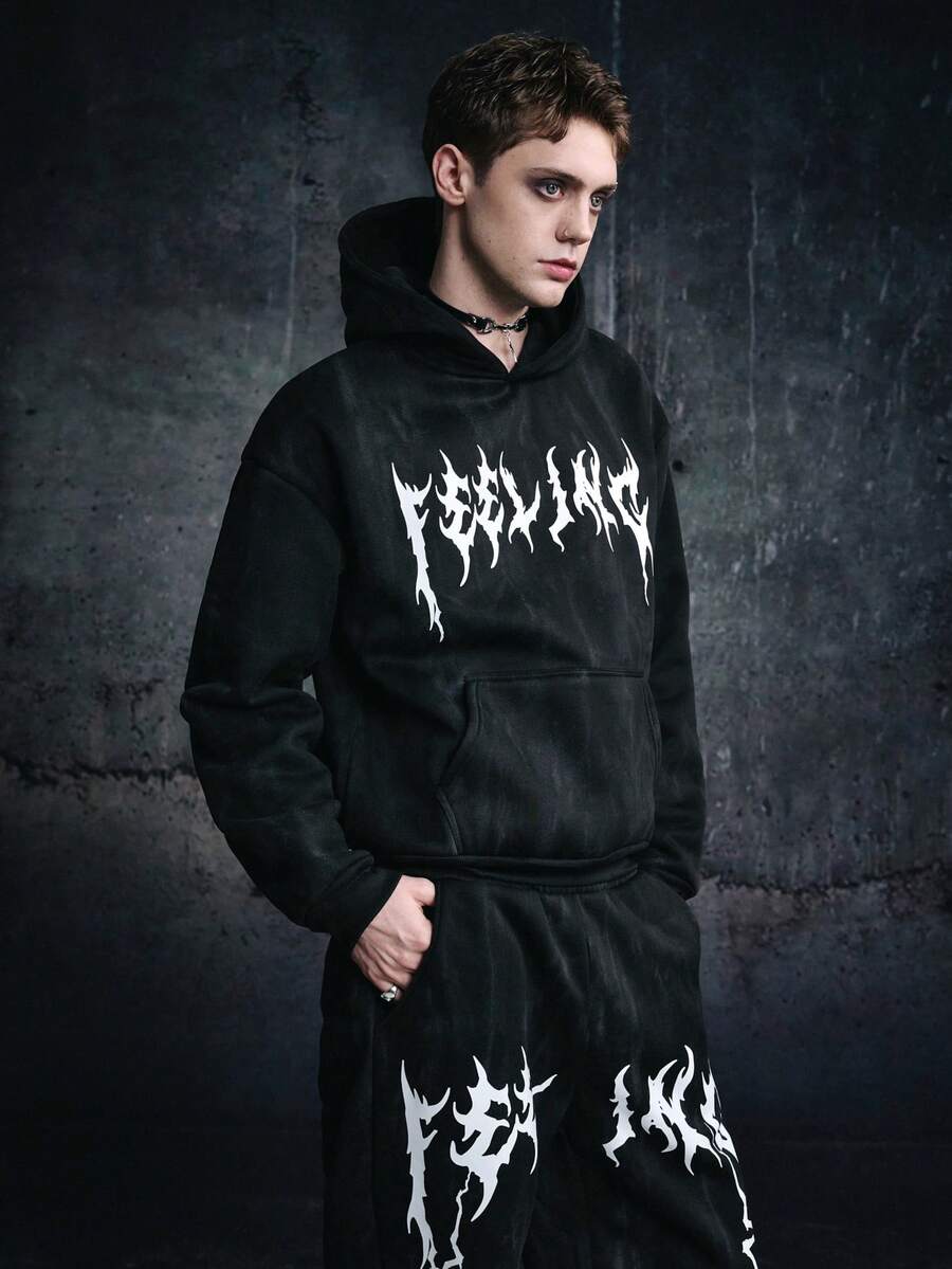 Vyqestra Manfinity Streetrush 男士街头风流行INS同款做旧褪色黑色保暖连帽衫和裤子套装,男士两件套,哥特风,潮服,2000年代风格,秋冬装,户外音乐节夜店男友/老公礼物,周年纪念礼物 - 黑色 - 查看 1