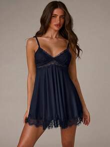 SHEIN BAE Sexy Lace Backless Women Pajama Slip Dress - Navy Blue - View 5